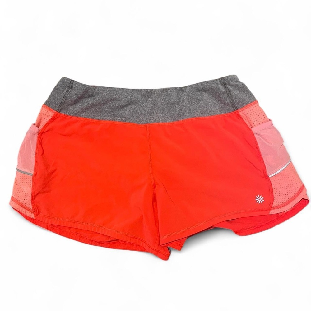 Athleta Coral Athletic Shorts with Gray Waistband and Pink Paneled Sides